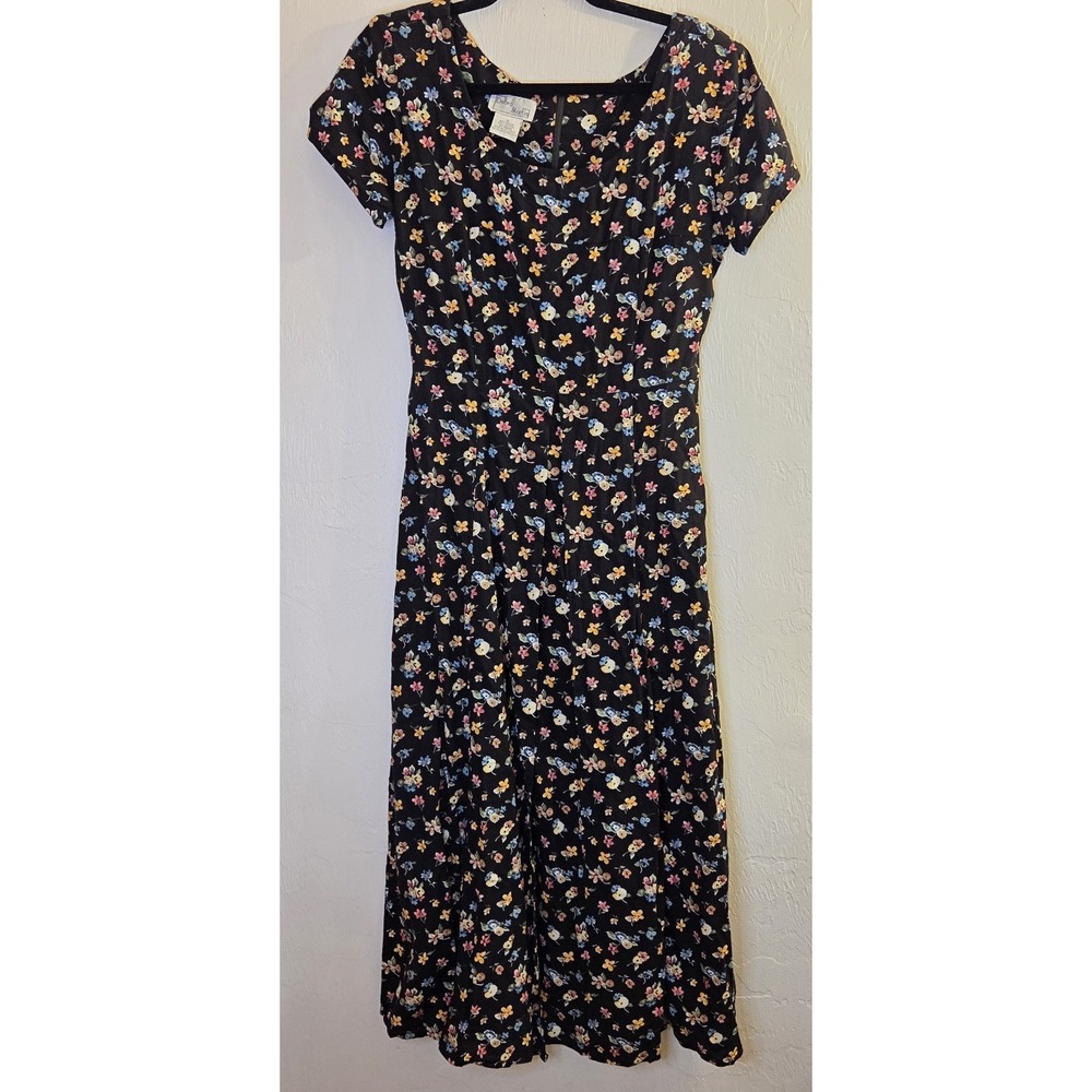 Debra Martin Vtg Overlap Split Front Dark Floral Maxi Dress Sz 8 Cottage 80s 90s